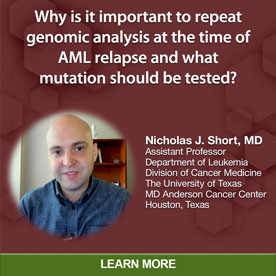 Why is it important to repeat genomic analysis at the time of AML relapse and what mutation should be tested?
